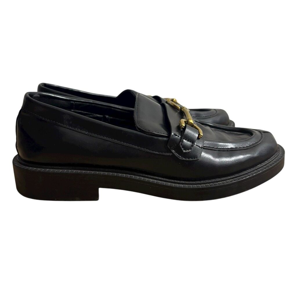 Zara Loafers Womens Sz EU 38 US 7.5 Black Leather Slip On Round Toe Gold Buckle